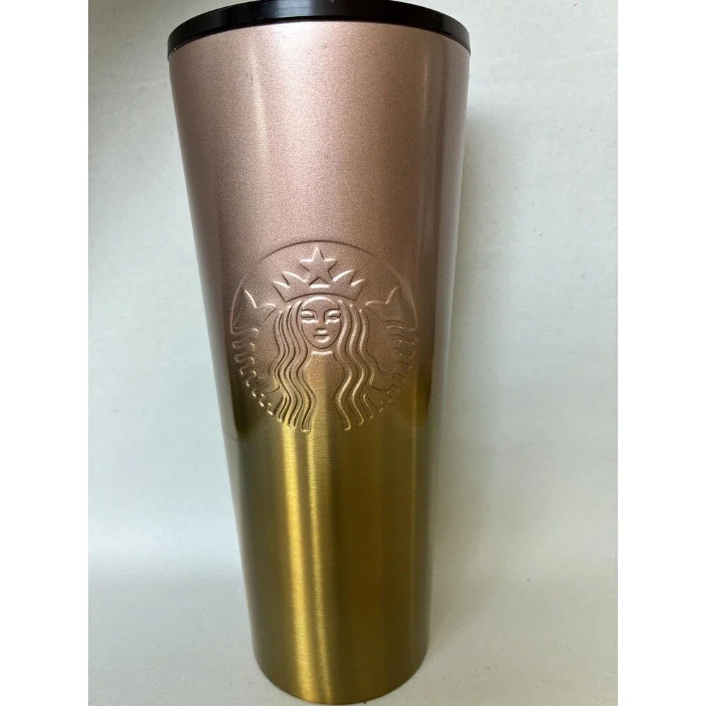 Starbucks Tumbler 24oz Gold Rose Gold Ombre Stainless Travel Cold Cup NO STRAW